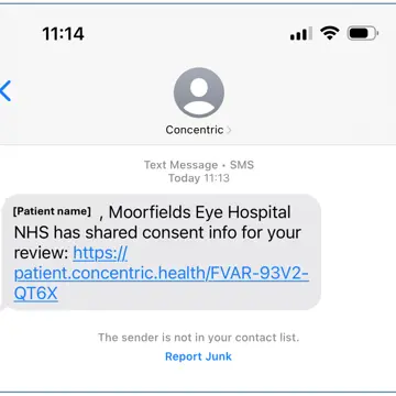 Example of an SMS message received for digital remote consent