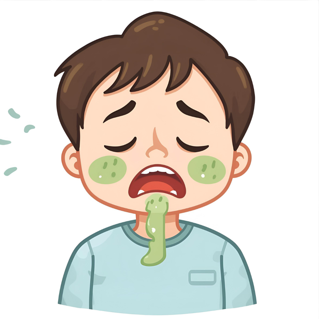 cartoon image of a child in a blue t-shirt looking sick with green cheeks and vomit coming from its mouth