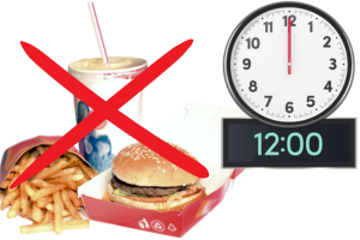 Fast food and a clock with 12 o'clock