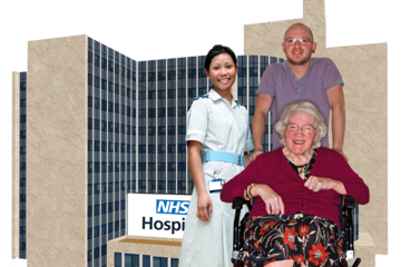 Person pushing a wheelchair user, standing next to a nurse outside a hospital. 