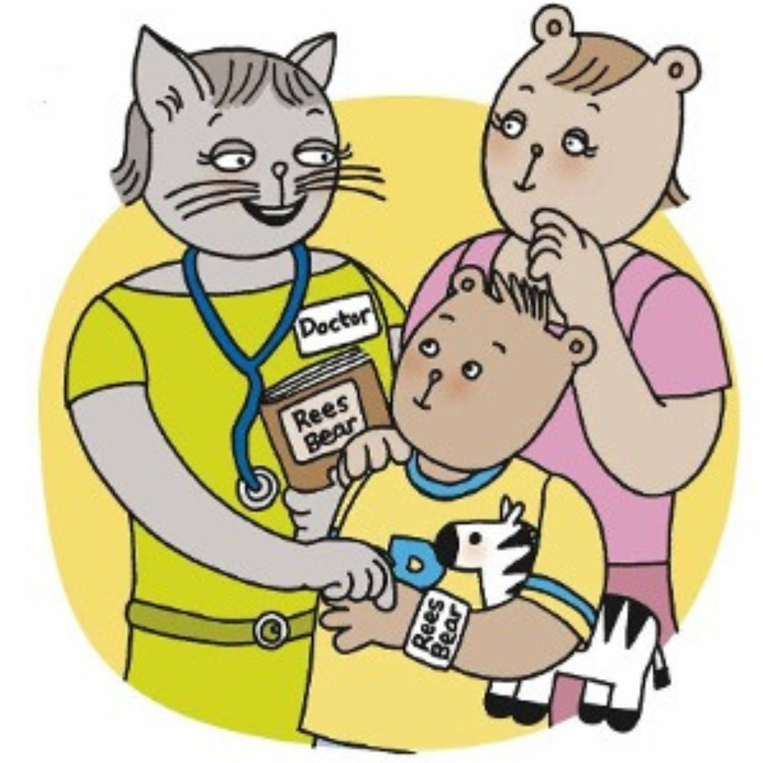 Cartoon Rees Bear and Mama Bear meeting the doctor