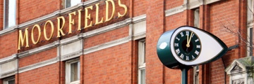 Close up of the eye shaped clock at Moorfields