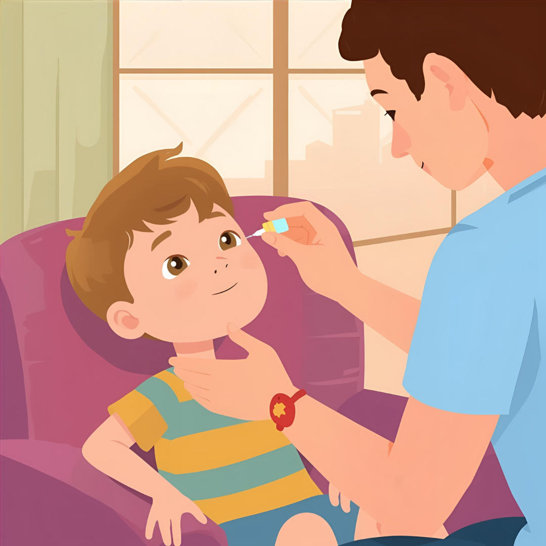 A friendly cartoon-style sitting room with a child that has their head tilted back whilst a parent puts eye drops into the child's eye.  The child looks calm and relaxed. 