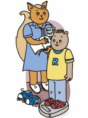 Cartoon Rees Bear on the scales with Nurse squirrel