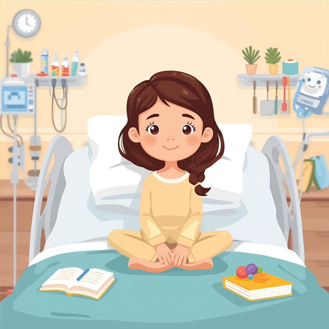 Cartoon of a child sitting crossed legged on a hospital bed with a book and notepad next to them